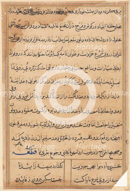 Page from Tales of a Parrot (Tuti-nama): text page, c. 1560. Creator: Unknown.