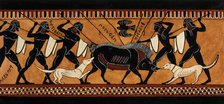 Detail of a frieze decorating a Greek black-figured column krater representing a group..., 1760-9. Creator: Augustin Dahlsteen.