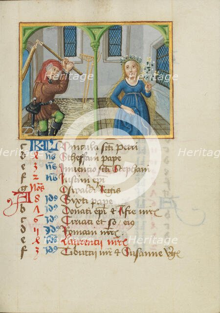August Calendar Page; Threshing; Virgo; Book of Hours, early 16th century. Creator: Unknown.