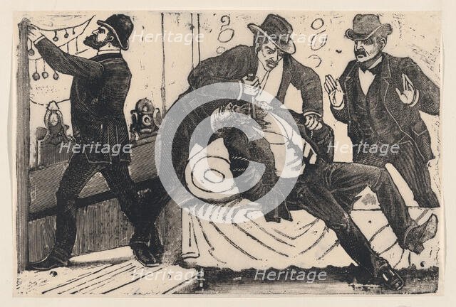 A man stabbing another man in the chest while his associates loot a store, from a..., ca. 1890-1891. Creator: José Guadalupe Posada.