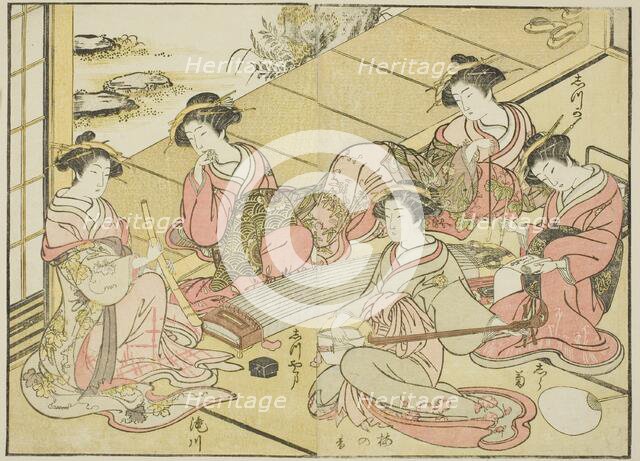 Courtesans of the Tamaya, from the book "Mirror of Beautiful Women of the Pleasure Quarters..., 1776 Creator: Shunsho.