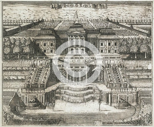 View of the Great Palace in Peterhof, 1717. Creator: Rostovtsev, Alexei Ivanovich (1670s-1730s).