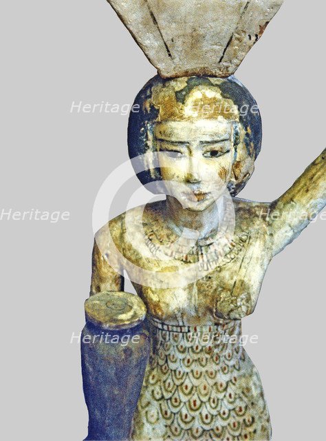 Statue of an offerings bearer to the dead (water and ox leg), made in polychromed wood, detail of…