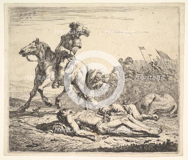 Battlefield with horseman looking over his left shoulder toward stripped corpse on the gro..., 1652. Creator: Karel Du Jardin.