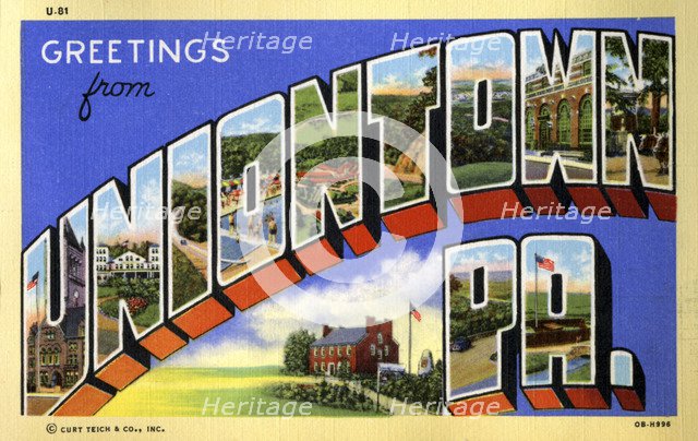 'Greetings from Uniontown, Pennsylvania', postcard, 1940. Artist: Unknown