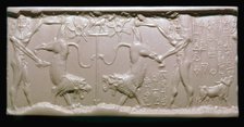 Akkadian cylinder-seal impression of a hero fighting a lion. Artist: Unknown
