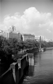 The Victoria Embankment looking towards Cleopatra's Needle, London, c1945-c1965. Artist: SW Rawlings