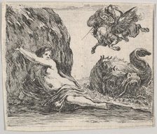 Perseus and Andromeda, from 'Game of Mythology' (Jeu de la Mythologie), 1644. Creator: Stefano della Bella.