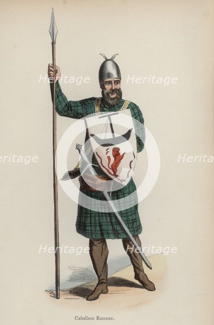 Scottish knight in battle dress, engraving, 1845.