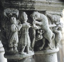 Capital of the Cloister of the Collegiate of Santillana del Mar, representing a knight slaying a …