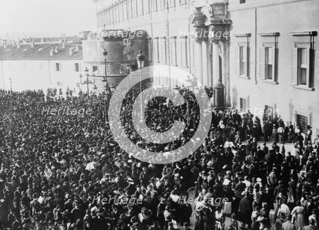Crowd cheering before Quirinal after attempt on King of Italy's life, between c1910 and c1915. Creator: Bain News Service.