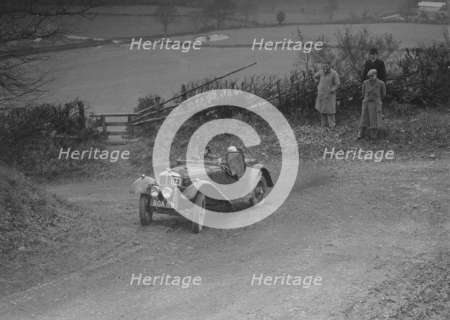 Austin 7 Grasshopper of Alf Langley competing at the MG Car Club Midland Centre Trial, 1938. Artist: Bill Brunell.