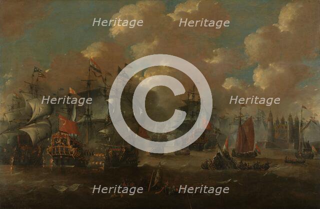 The Battle of the Sound with the Eendracht Engaging Two Swedish Warships, 1658, c.1670. Creator: Anon.