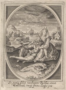 A couple seated on the ground, the man holding a goblet and reclining against the..., ca. 1585-1621. Creator: Heinrich Ulrich.