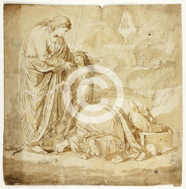 Biblical Scene with Two Women and Child in Foreground, n.d. Creator: Unknown.