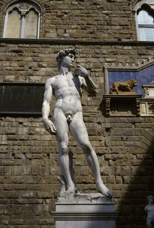 Michelangelo's David statue (copy), Palazzo Vecchio, Florence, Italy, 1999. Creator: LTL.