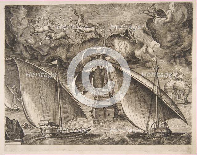 Two Galleys Sailing Behind an Armed Three-Master with Phaeton and Jupiter in the Sky, f..., 1561-65. Creator: Frans Huys.