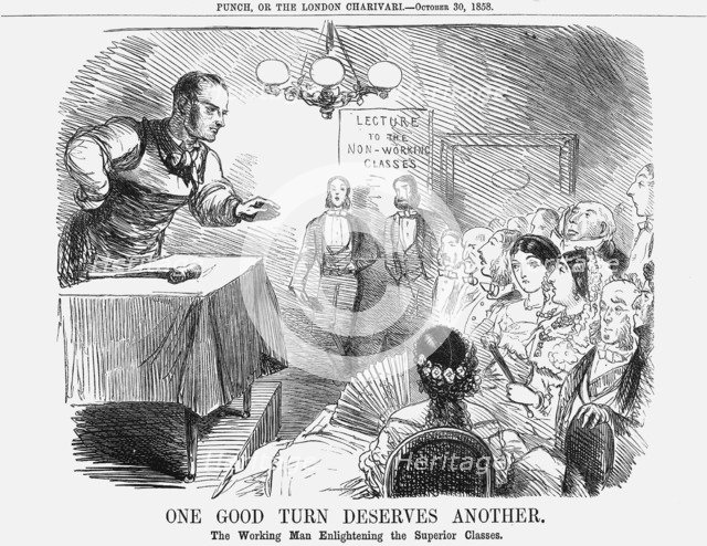 'One Good Turn Deserves Another. The Working Man Enlightening the Superior Classes', 1858. Artist: Unknown