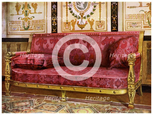 Carved gilt couch covered in rose Brocade de Lyon, 1911-1912.Artist: Edwin Foley