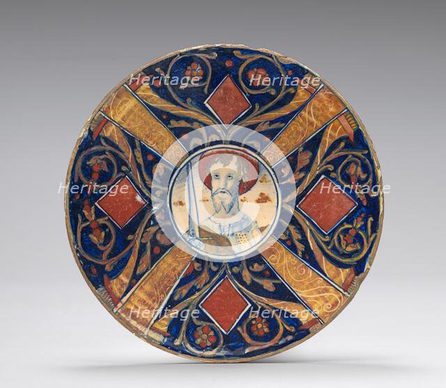 Small flat plate with border of cornucopias, scrollwork, and lozenges..., probably c.1515/1525. Creator: Giorgio Andreoli workshop.