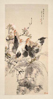 Roosters and Blossoming Apricots, Qing dynasty (1644-1911). Creator: Ren Yi.