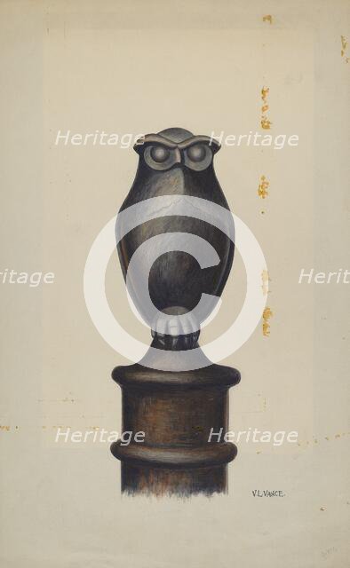 Cast Iron Owl Hitching Post, c. 1937. Creator: V. L. Vance.