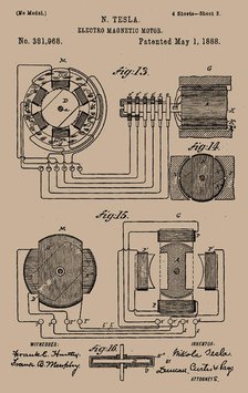Tesla's Electro-magnetic motor patent. Creator: Historic Object.