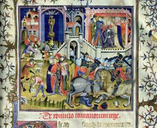 Foundation of Rome (c. 753aC), duel on horseback and coronation of a king. Miniature in 'De viris…