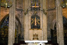 The high altar (1337) and crucifix in the Cathedral of Santa Eulalia, Barcelona, Spain, 2007. Artist: Samuel Magal