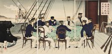 Picture of naval officers discussing battle strategy to be used against China, September 1894. Creator: Mizuno Toshikata.