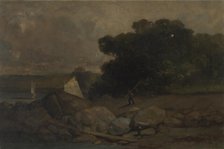 Untitled (landscape with rocks, man and sailboats), 1895. Creator: Edward Mitchell Bannister.
