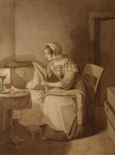 Woman Beside Bed of Sick Chid, 1840-1850. Creator: August Hunger.