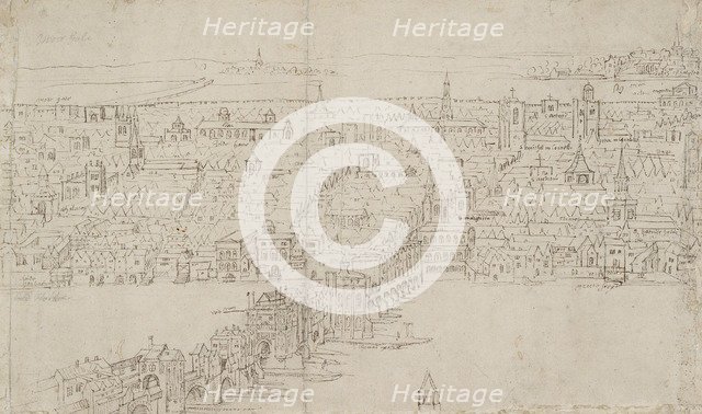 Panorama of London as seen from Southwark: London Bridge, 1554. Artist: Anthonis van den Wyngaerde.