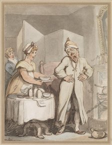 A man in pain receiving medicines from a housemaid, c1800s. Creator: Thomas Rowlandson.