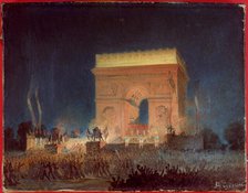 Distribution of flags to the National Guard, in front of the Arc de Triomphe, April 20, 1848. Creator: Jean-Charles Geslin.