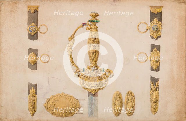 Design for a Sword Hilt, Scabbard, and Belt Fittings, ca. 1840-50. Creator: Attributed to Eugène Julienne.