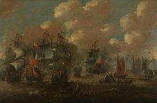 The Battle of the Sound with the Eendracht Engaging Two Swedish Warships, 1658, c.1670. Creator: Anon.