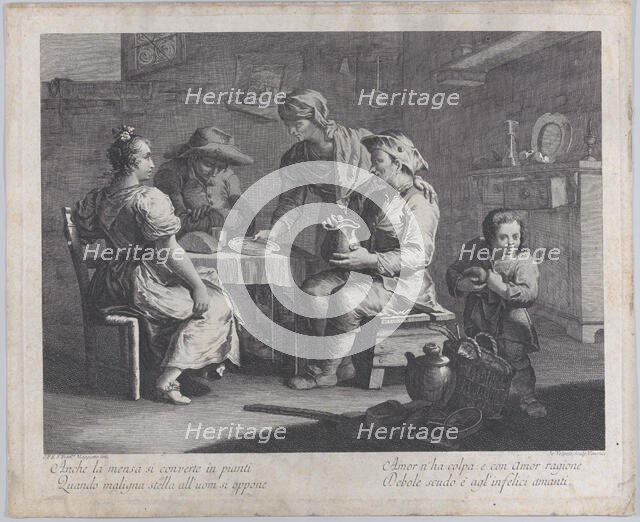 Three people seated around a table at left as a man brings an empty plate..., 1760-70. Creator: Giovanni Volpato.