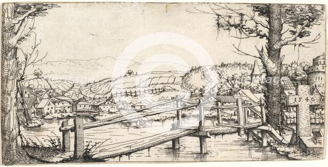 River Landscape with a Footbridge, 1546. Creator: Augustin Hirschvogel.