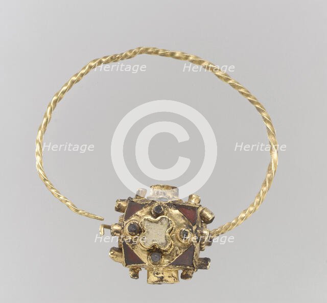 One of a Pair of Gold Earrings with Garnets, Frankish, second half 8th century. Creator: Unknown.