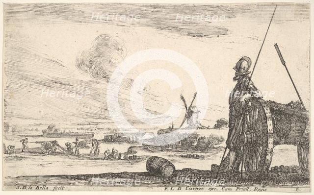 Plate 5: A Pikeman standing at right next to a canon, other military figures in the ba..., ca. 1641. Creator: Stefano della Bella.
