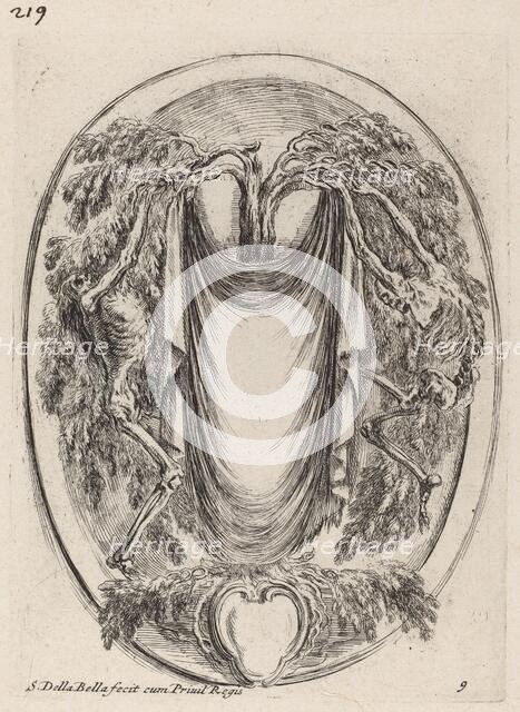 Cartouche in the Form of a Drape Suspended from a Cypress Flanked by Skeletons, 1647. Creator: Stefano della Bella.