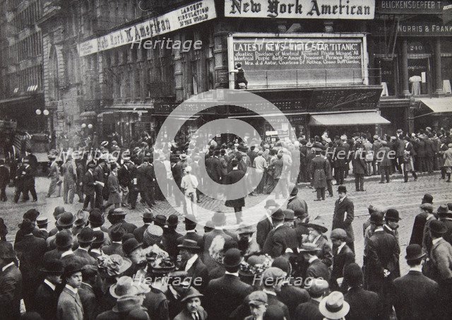 Reports of the sinking of the 'Titanic' arrive in New York, USA, April 1912.. Artist: Unknown