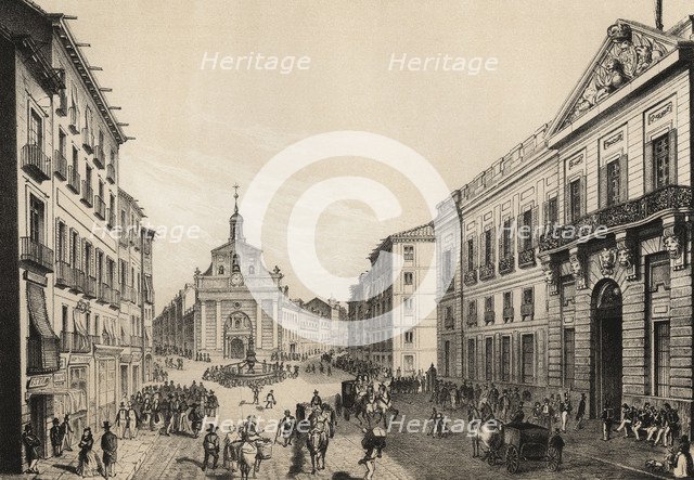Madrid, Puerta del Sol in 1842, engraving 1870.