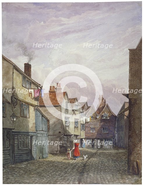View of a woman and a child walking down Crown Court, Bermondsey, London, c1825. Artist: W Barker