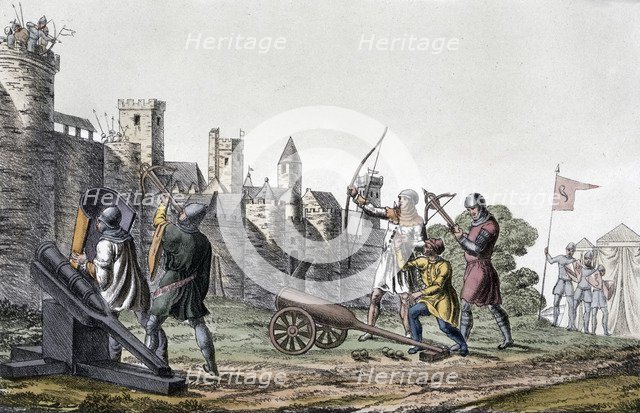 Soldiers and artillery of the 15th century besieging a walled town, 19th century. Artist: Unknown