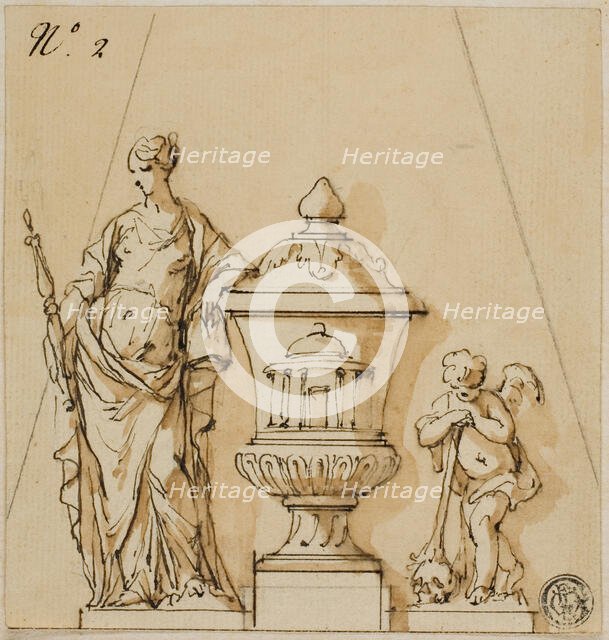 Design for a Funerary Monument with Fate, Urn, Putto, n.d. Creators: John Michael Rysbrack, Sir James Thornhill.