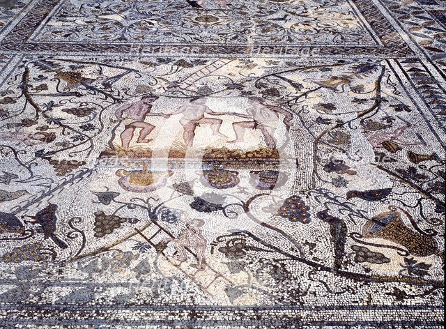 Ruins of Mérida, Roman house of the Amphitheater, detail of the mosaic with scenes of treading of…