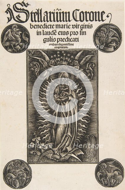 Virgin on a Crescent, Title-page from Pelbartus de Temesvar: Stellarium corone (Schr. 2869..., 1502. Creator: Attributed to Daniel Hopfer.