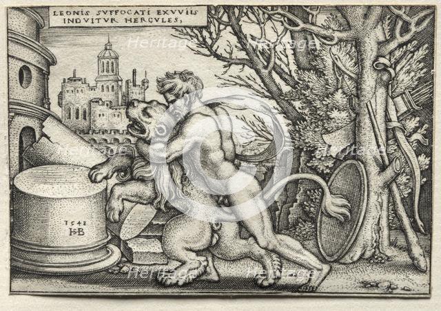 The Labors of Hercules: Hercules Strangling the Nemean Lion, 1548. Creator: Hans Sebald Beham (German, 1500-1550).
